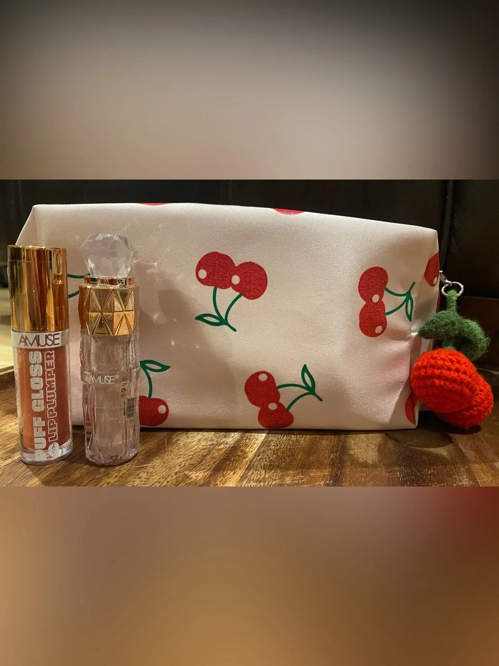 Satin like Cherry Print Makeup Bag and 2 Amuse lip gloss & lip plumping tubes